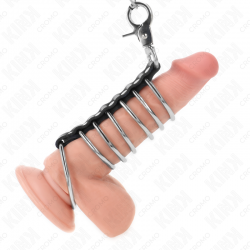 KINK - 7 ANELLI PER PENE IN METALLO DA 3,8 CM A 5 CM COLLEGATI CON PELLE E CATENA IN METALLO 100 CM