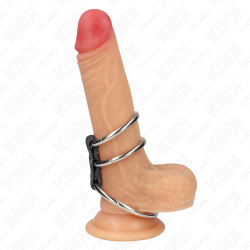 KINK - ANELLO PER PENE IN METALLO TRIPLO DA 3,7 CM A 5 CM COLLEGATO CON PELLE